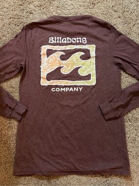 Billabong Men's Long Sleeve Graphic Tee - Burgandy with Yellow/Orange Wave